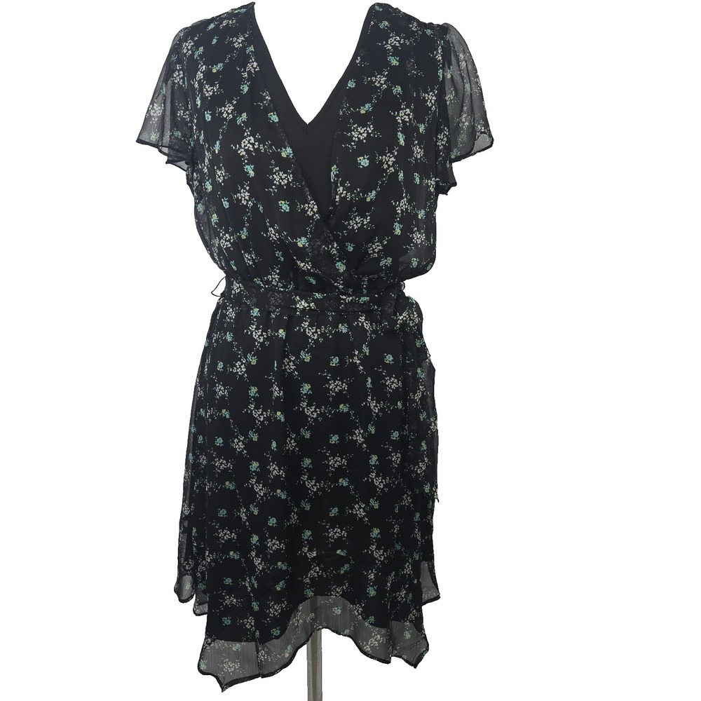 Vince Camuto Black Floral Chiffon Layered Frilly V-neck Mini Dress Size 6